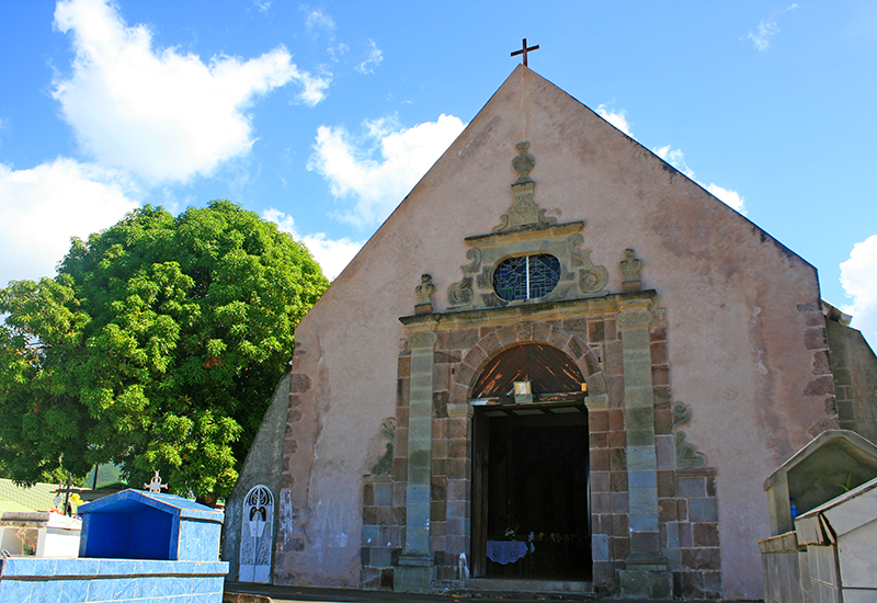 Guadeloupe, city of Vieux-Habitants, Saint-Joseph church. Porch in volcanic rock classified historical monument since 1975